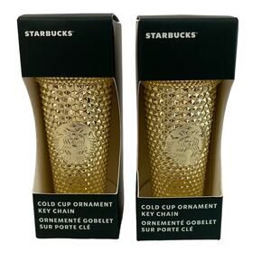 2 Starbucks Gold Studded Tumbler Cold Cup Ornament Key Chain Holiday 2022 NWT